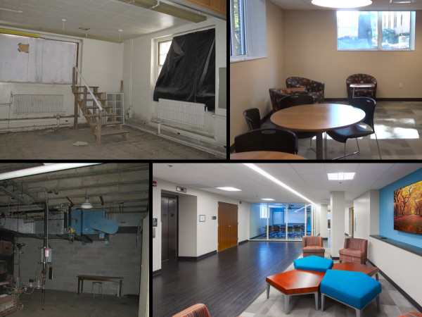 Before and After photographs show how the lower level was transformed into an open and bright collection of social and study spaces.