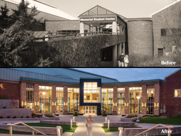 Engaging existing pedestrian corridors, the design created new entrances at both the MSC’s northwest and southeast sides. Celebrating Menomonie’s natural heritage, both entrances incorporate warmly-colored sandstone from a local quarry and serve to clearly identify the MSC’s front doors.