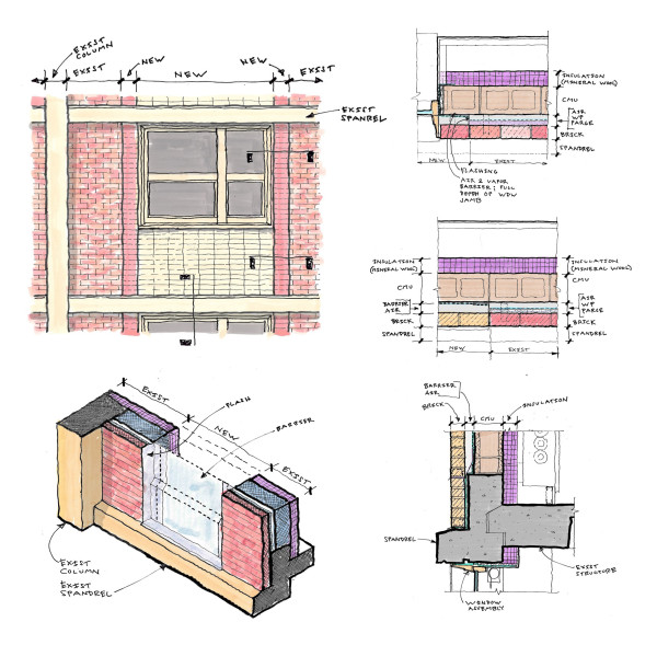 These sketches illustrate the bridging of new to existing waterproofing strategies.