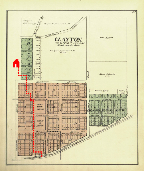 Clayton was formally platted in 1878. The walk route is shown in red.