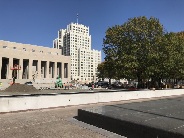 Soldiers Memorial and the Court of Honor undergoing construction showing the reflecting pool and the wall with each branch of the military etched in.