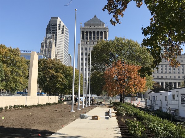 The five flag poles for the flags of each branch of the military during construction at Soldiers Memorial.