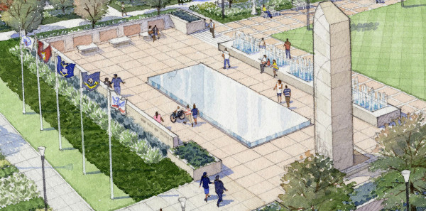 Rendering featuring the reflecting pool and the five flags for the five branches of the military.