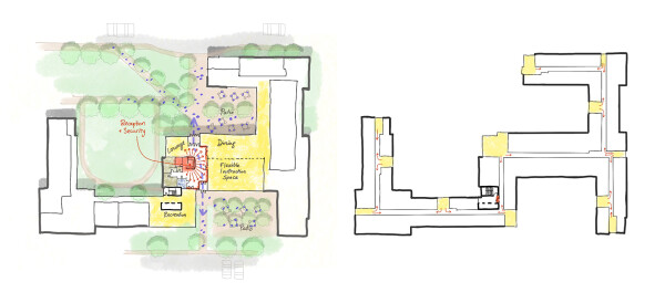 Left: Without being inconveniently obtrusive, the reception desk establishes its welcoming presence, monitors activities, and oversees main building entries. Right: Social nodes provide spatial break from corridors while fostering an empowered community with a strong sense of mutual responsibility. (click to enlarge)