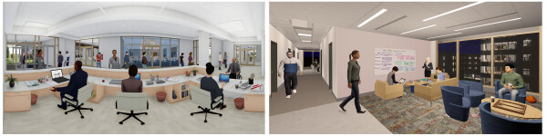 Left: The front desk location was designed to allow staff to guard residents’ safety and security while being approachable, welcoming, and helpful. Right: Serving as visual control points, open social areas allow for Increased awareness without being intrusive. (click to enlarge)